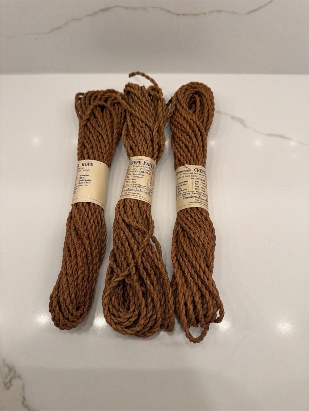 Vintage Dennison Crepe Paper Rope Lot 3 Brown 36 Ft Weaving Basket Craft NOS